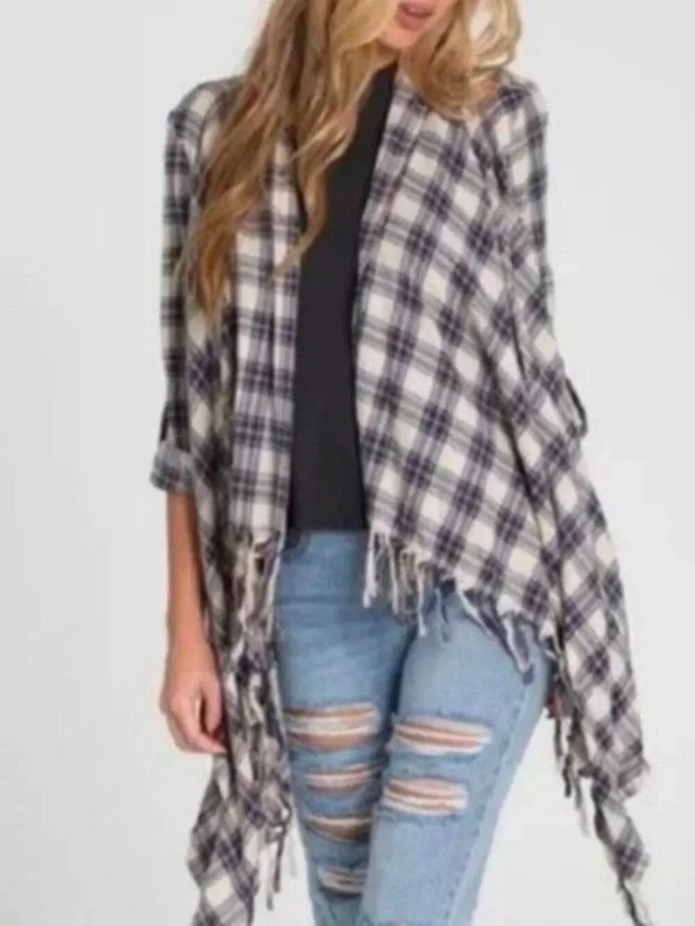Billabong Green Plaid Flannel Liv It Up Cardigan Flyaway Fringe Front Top